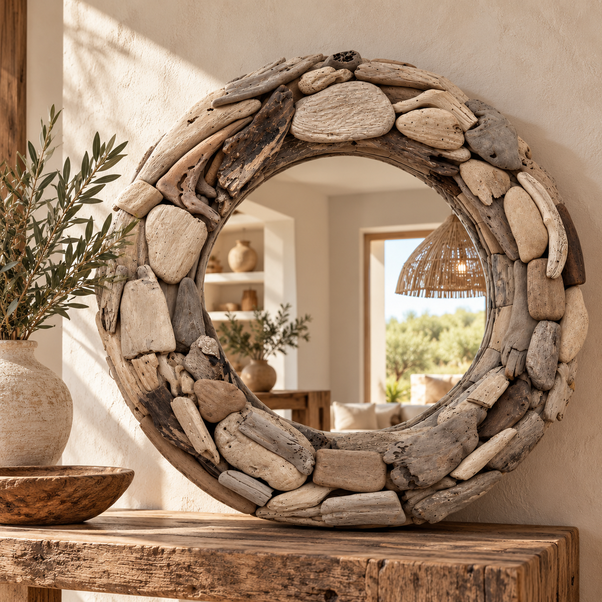 Miroir Eva en bois flotté – Ø 60 cm